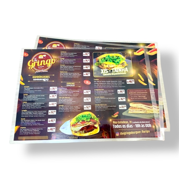 10 Cardápios A4 plastificados 4x0 papel couche 180g