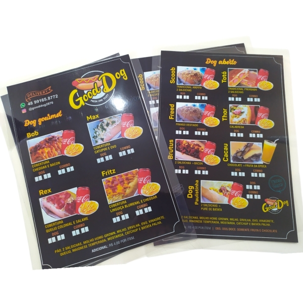 10 Cardápios A4 plastificados 4x4 papel couche 180g
