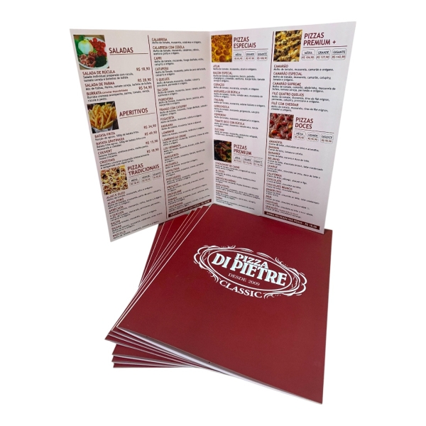 10 Cardápios – 4 Páginas | Papel Couchê 250g com Dobra e grampo